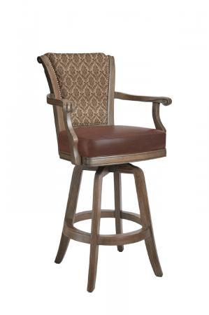 Darafeev's Classic Wooden Upholstered Swivel Bar Stool with Arms, Nailhead Trim, and Patterned Fabric on Back