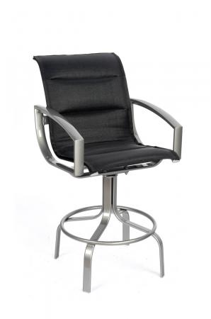 Woodard's Metropolis Padded Sling Outdoor Swivel Bar Stool with Arms in Black and Silver
