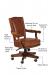 Featuring high resilient foam, suspension seating, adjustable height lever, tilt knob to recline back, caster finish, maple wood, and nailhead trim outlining the back, arms, and seat.