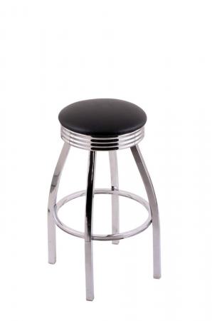Holland's C8C3C Chrome Backless Swivel Bar Stool with Black Seat Cushion and Rigged Rings