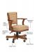 Featuring high resilient foam, suspension seating, adjustable height lever, tilt knob to recline back, caster finish, maple wood frame, and arms.