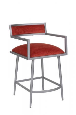Wesley Allen's Zara Mid-Century Modern Bar Stool with Arms in Silver Metal and Red Seat/Back Cushion
