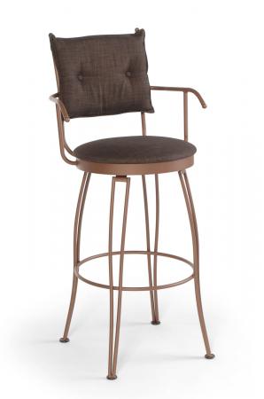 Trica's Bill 2 Swivel Bar Stool with Arms, Button Tufted Backrest and Round Seat Cushion in Brown Metal Finish and Brown Fabric