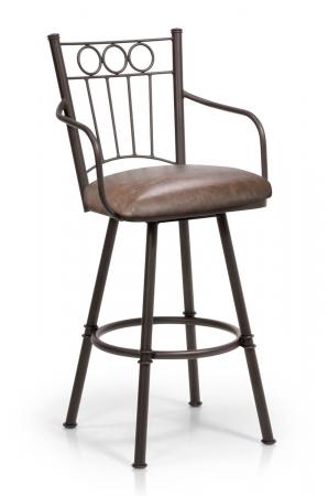 Trica's Charles 1 Traditional Swivel Bar Stool with Arms in Brown Metal Finish and Brown Thick Seat Cushion
