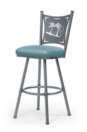 Trica's Creation Collection Silver Swivel Metal Bar Stool with Palm Trees on Back