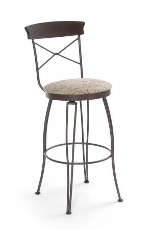 Trica's Laura Swivel Bar Stool with Cross Back Design, Round Seat Cushion and Brown Metal Frame