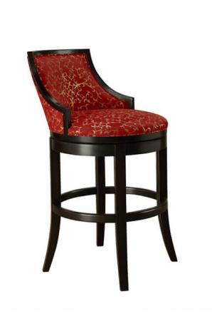 Leathercraft's Ming Luxury Black Wood Swivel Bar Stool with Red and Gold Fabric on Back and Seat