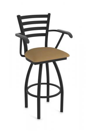 Holland's Jackie Swivel Black Bar Stool with Arms and Canter Saddle Seat Cushion
