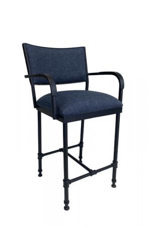 Wesley Allen's Jayce Transitional Upholstered Bar Stool with Arms in Black Metal and Blue Cushion