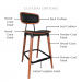 Customize this stool by selecting your back cushion, seat cushion, wood-grain frame finish, powder coat finish, and metal footplate finish.