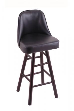 Holland's Grizzly Hardwood Upholstered Swivel Bar Stool in Dark Cherry, Maple wood finish, and Black vinyl seat and back